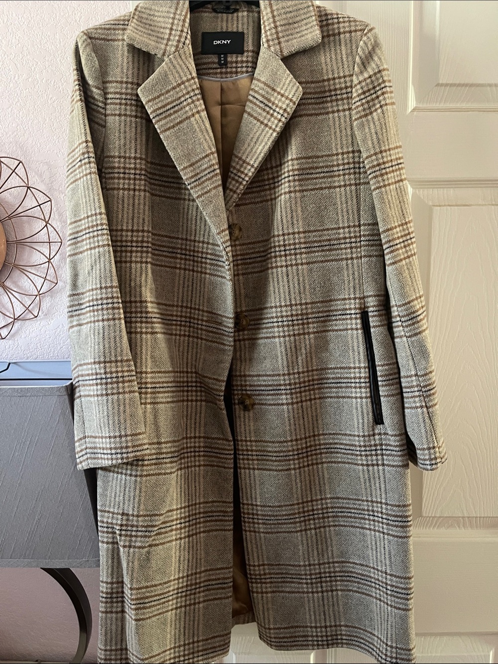 DKNY Beige and Brown Plaid Pea Coat